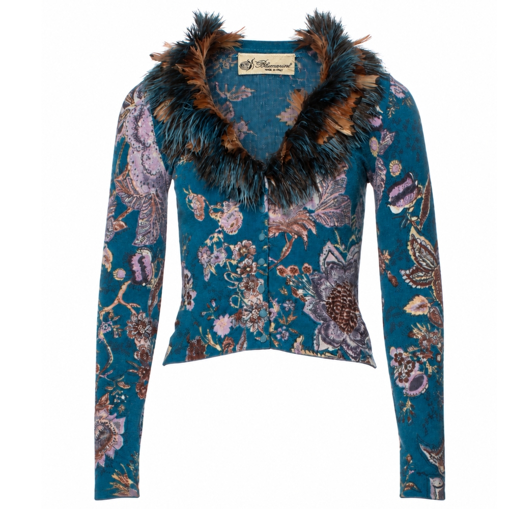 Blumarine Vintage 1990's Feather Collar Floral Printed Cardigan Size 2 - Picture 1 of 6